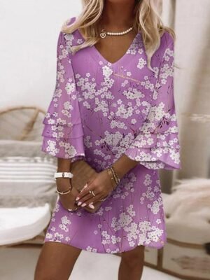 Semi Formal Regular Fit Ditsy Floral V Neck 3/4 Sleeve Mini Dress - Image 3