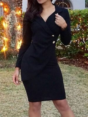 Semi Formal Regular Fit Plain Lapel Long Sleeve Midi Dress - Image 5