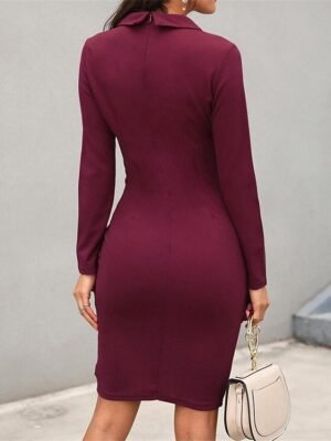 Semi Formal Regular Fit Plain Lapel Long Sleeve Midi Dress - Image 8