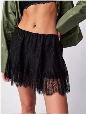 Sexy A Line Solid Mini Mid Waist Lace Skirt - Image 2