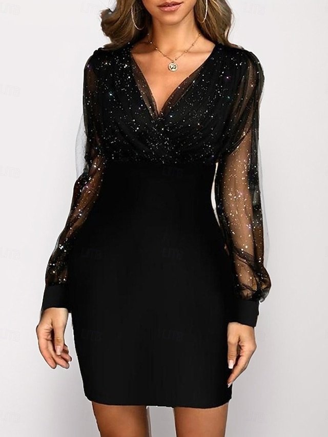 Sexy Bodycon Patchwork V Neck Long Mesh Sleeve Midi Dress - Image 1