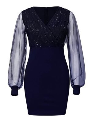 Sexy Bodycon Patchwork V Neck Long Mesh Sleeve Midi Dress - Image 10
