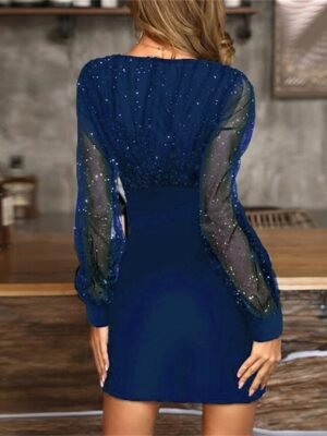 Sexy Bodycon Patchwork V Neck Long Mesh Sleeve Midi Dress - Image 17