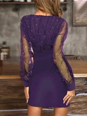 Sexy Bodycon Patchwork V Neck Long Mesh Sleeve Midi Dress - Image 18