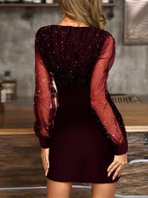Sexy Bodycon Patchwork V Neck Long Mesh Sleeve Midi Dress - Image 5