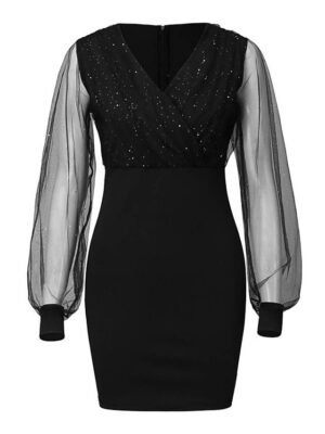 Sexy Bodycon Patchwork V Neck Long Mesh Sleeve Midi Dress - Image 6