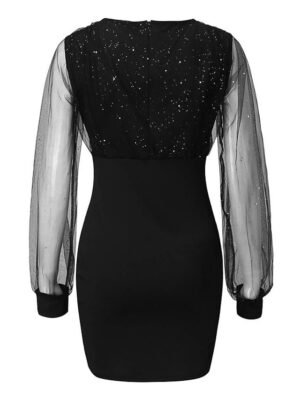 Sexy Bodycon Patchwork V Neck Long Mesh Sleeve Midi Dress - Image 7
