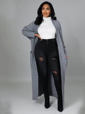 Sexy Loose Solid V Neck Drop Shoulder Long Sleeve Tunic Cardigan - Image 15