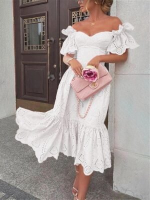 Sexy Off Shoulder Short Sleeve Midi Dress - Image 1