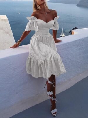 Sexy Off Shoulder Short Sleeve Midi Dress - Image 2