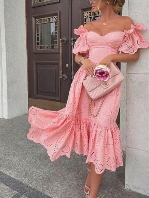 Sexy Off Shoulder Short Sleeve Midi Dress - Image 3