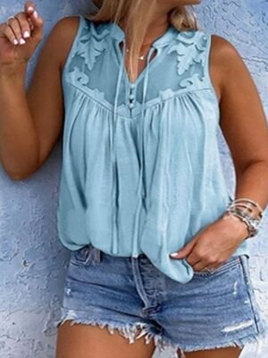 Sexy Plus Size Lace Mesh V Neck Sleeveless Regular Top - Image 3