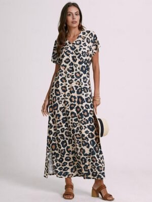 Sexy Regular Fit Leopard V Neck Drop Shoulder Short Sleeve Maxi Dress - Image 2