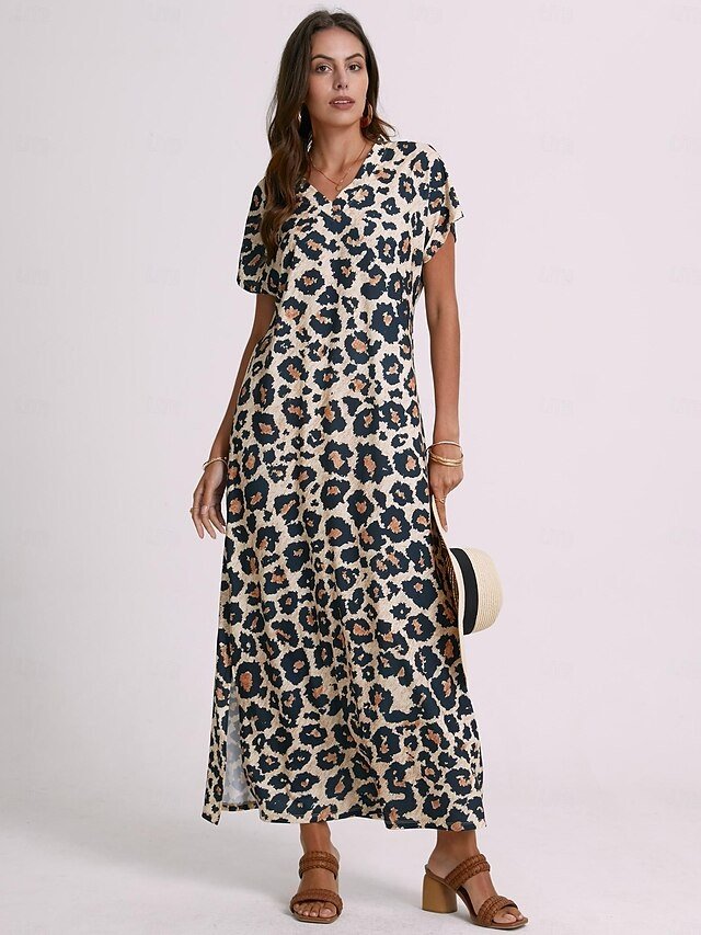 Sexy Regular Fit Leopard V Neck Drop Shoulder Short Sleeve Maxi Dress - Image 2