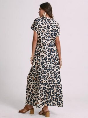 Sexy Regular Fit Leopard V Neck Drop Shoulder Short Sleeve Maxi Dress - Image 3