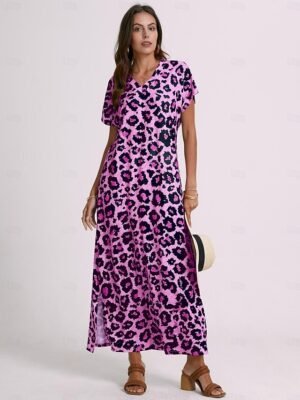 Sexy Regular Fit Leopard V Neck Drop Shoulder Short Sleeve Maxi Dress - Image 4