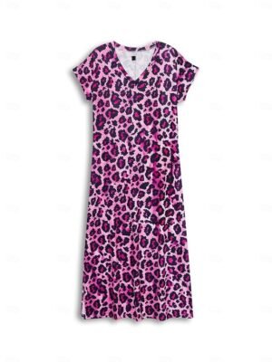 Sexy Regular Fit Leopard V Neck Drop Shoulder Short Sleeve Maxi Dress - Image 9
