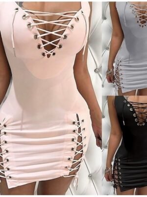 Sexy Regular Fit Pure Colour V Neck Sleeveless Mini Dress - Image 2