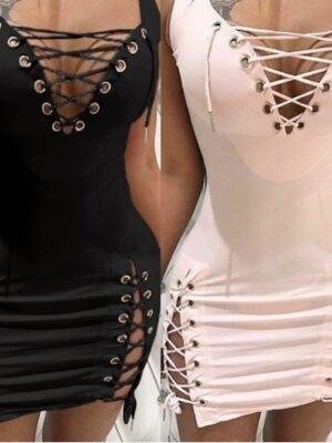Sexy Regular Fit Pure Colour V Neck Sleeveless Mini Dress - Image 5