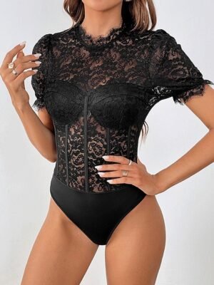 Sexy Regular Fit Solid Colour Stand Collar Short Sleeve Bodysuit - Image 4