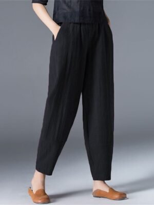 Simple Casual Baggy Plain Mid Waist Ankle-Length Pants - Image 6
