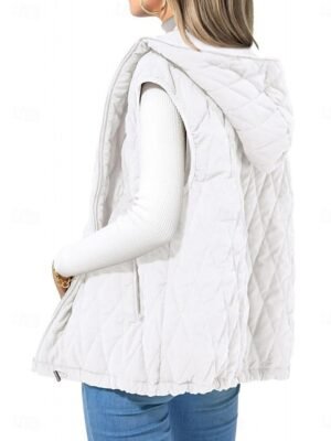 Simple Regular Solid Hooded Sleeveless Quilted Puffer Vest - Image 1