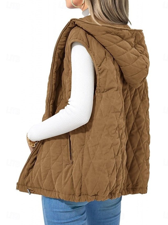 Simple Regular Solid Hooded Sleeveless Quilted Puffer Vest - Image 2