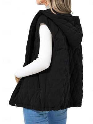 Simple Regular Solid Hooded Sleeveless Quilted Puffer Vest - Image 3