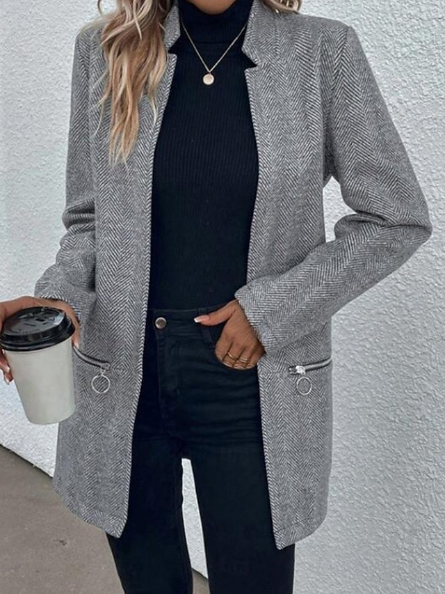 Simple Work Solid Zipper Pocket Long Outerwear - Image 1