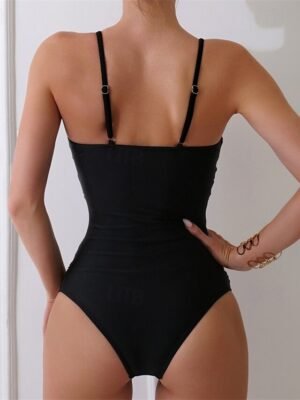 Solid Stretchy Deep V Sleeveless Swimsuit - Image 3
