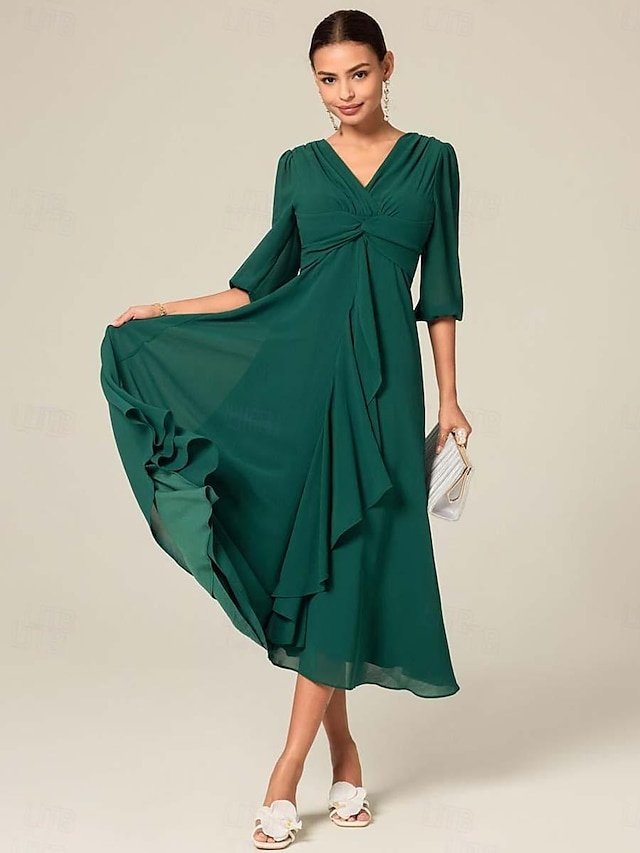 Sophisticated Chic Loose Solid V Neck Half Sleeve Ruffled Midi Dress - Image 2
