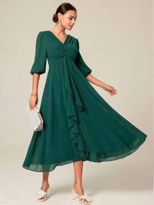 Sophisticated Chic Loose Solid V Neck Half Sleeve Ruffled Midi Dress - Image 3