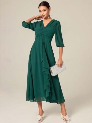 Sophisticated Chic Loose Solid V Neck Half Sleeve Ruffled Midi Dress - Image 4