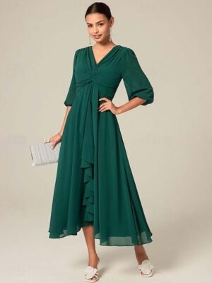 Sophisticated Chic Loose Solid V Neck Half Sleeve Ruffled Midi Dress - Image 7