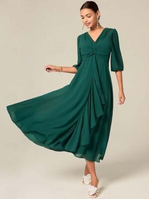 Sophisticated Chic Loose Solid V Neck Half Sleeve Ruffled Midi Dress - Image 8