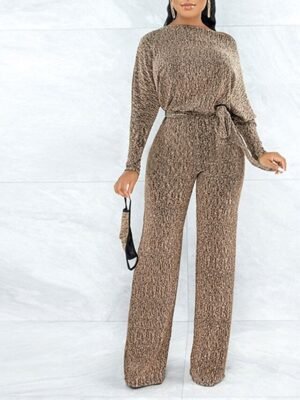 Sparkly One Shoulder Long Sleeve Wide Leg Jumpsuit - Image 1
