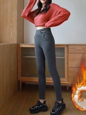 Sports High Waist Solid Full Length Fleece Leggings - Image 5