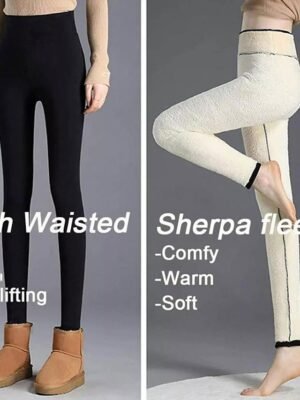 Sporty Ankle-Length Plain High Waist Fleece Leggings - Image 7