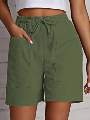 Sporty Regular Fit Plain High Waist Drawstring Shorts - Image 1