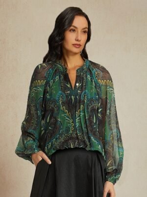Spring Casual Paisley V Neck Lantern Sleeve Chiffon Blouse - Image 1