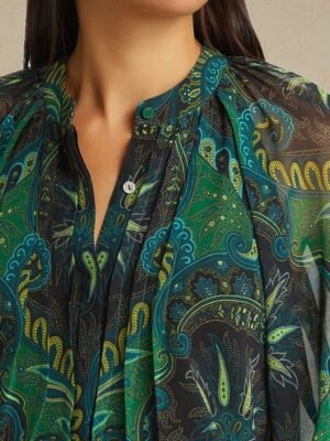 Spring Casual Paisley V Neck Lantern Sleeve Chiffon Blouse - Image 2