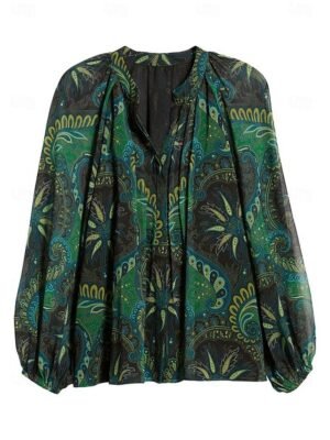 Spring Casual Paisley V Neck Lantern Sleeve Chiffon Blouse - Image 4
