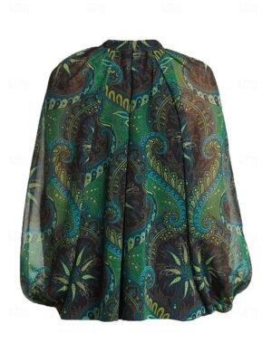 Spring Casual Paisley V Neck Lantern Sleeve Chiffon Blouse - Image 5