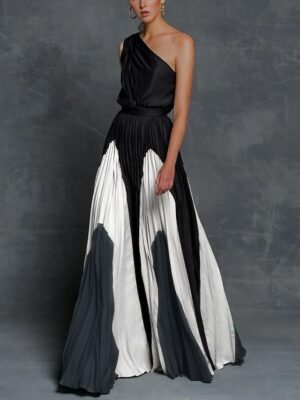 Spring Loose Colour Block One Shoulder Sleeveless Maxi Dress - Image 8