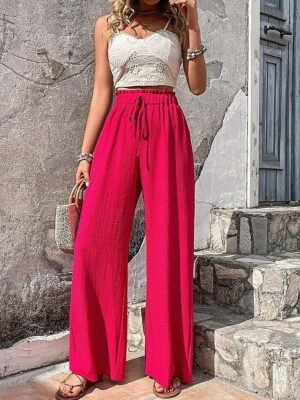 Spring Summer Wide Leg Plain Full Length Trousers - Image 1