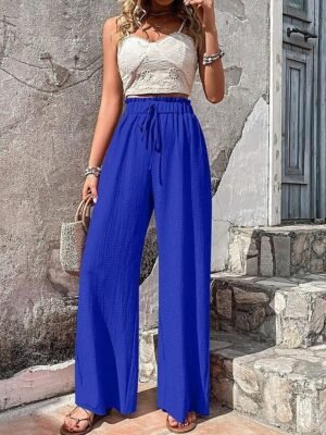 Spring Summer Wide Leg Plain Full Length Trousers - Image 10