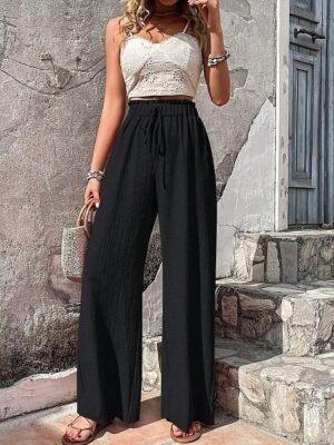Spring Summer Wide Leg Plain Full Length Trousers - Image 11