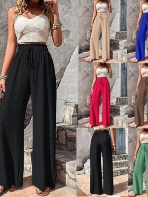 Spring Summer Wide Leg Plain Full Length Trousers - Image 2