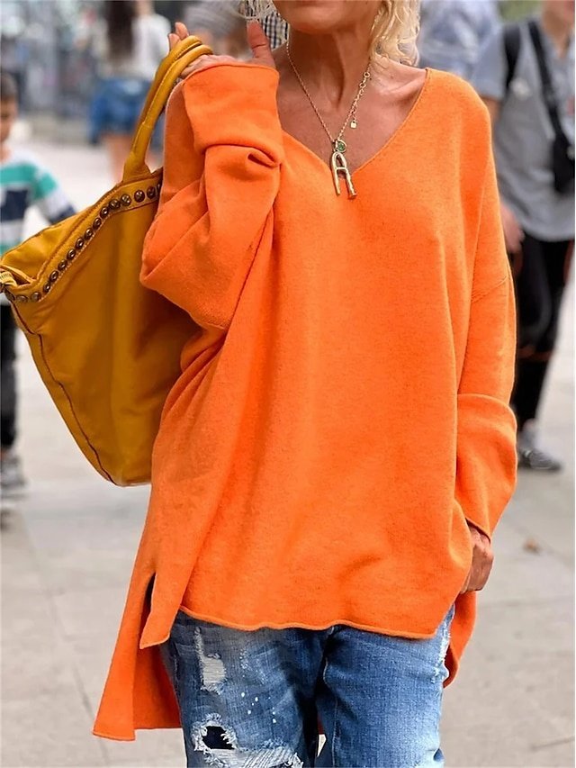 Street Casual Oversized Plain V Neck Long Sleeve Tunic - Image 2