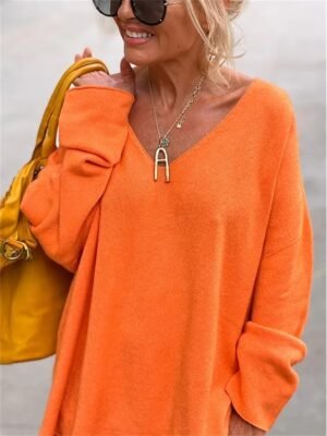 Street Casual Oversized Plain V Neck Long Sleeve Tunic - Image 3